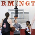 Farmington girls basketball coach Brad Johnson instructs his players during practice Tuesday in Farm...