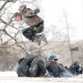 Kellen Campbell leaps to avoid fellow University of Arkansas freshmen Elizabeth Davis, from right, W...