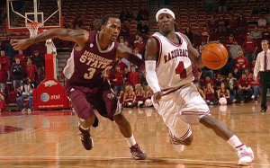 Courtney Fortson, right, scored 33 of his career-high 35 points in the second half of Arkansas' 67-62 win over Mississippi State on Thursday night.