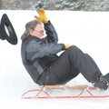 Rick Paine parts company with a Stetson hat on his way down the slope at Bethel Baptist Church in Be...