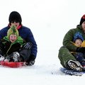 Amanda and Steven Cherry slide down a hill at J.B. Hunt Park with their sons, William, 6, and Andrew...