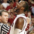 Arkansas freshman Marshawn Powell celebrates after drawing a foul on South Carolina during the secon...