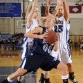 Springdale Har-Ber’s Halee Castleman is pressured under the basket by Rogers High’s Hayley Clark, le...