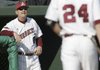 Arkansas Coach Dave Van Horn shouts instructions to Brett Eibner during an at-bat Saturday. Eibner had one of the three home runs by the Razorbacks in a 10-8 victory over Troy.