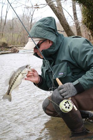Rusty Pruitt of Benton admires a colorful spotted, or Kentucky, bass caught Monday at the confluence of the Caddo River and the South Fork of the Caddo River.