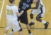 Springdale’s Har-Ber’s Tyler Booth looks for help while Little Rock Central’s Matt Johnson, left, and Trevon Wilkerson apply pressure Thursday during the Class 7A State Tournament in Van Buren. Har-Ber lost 65-48.