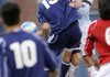 STAFF PHOTO J.S. WEDGEWORTH 
Springdale High goalkeeper Jose Honesto, right, gets tangled up with Springdale Har-Ber’s Jorge Gonzalez during the boys championship game of the NWA Showcase on Saturday at Rogers Heritage High School.