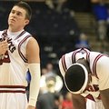 Arkansas' Rotnei Clarke (left) and Stefan Welsh in the closing seconds of their 77-64 loss to Georgi...