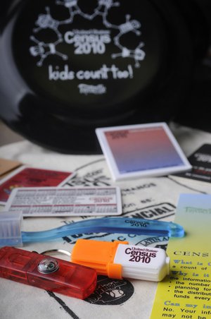 Trinkets promoting the 2010 census include flying discs, toothbrushes, highlighters, calendars, notepads, tote bags, bookmarks and drink coasters.