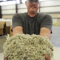 Jeff Ketcher holds a handful of densified recycled plastic material Thursday at the new AERT recycli...