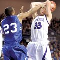 Fayetteville senior Adam Nobel, right, has the ball knocked from his hands by Conway senior Preston ...
