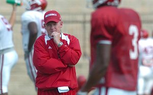 Arkansas Coach Bobby Petrino, pictured here during fall practices in 2009, leads the Razorbacks today amid high expectations to the practice fields for the start of spring drills.