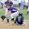 Fayetteville’s Beverly Woessner, left, tries to tag Har-Ber’s Alyssa Deshong out at second Tuesday d...