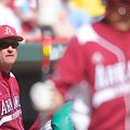 Arkansas Coach Dave Van Horn watches on during the fifth inning of Arkansas' victory April 3 against...