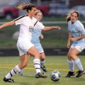 Bentonville senior Hannah Nilsson drives the ball up the field during the Lady Tigers’ game Monday a...