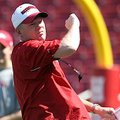 Arkansas Coach Bobby Petrino reacts during warm-ups prior to Arkansas' second scrimmage of the sprin...