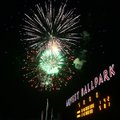 Fireworks light up the sky as the scoreboard at Arvest Ballpark reflects the line for the Naturals o...