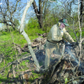  STAFF PHOTO ANDY SHUPE
Volunteer and Civil War re-enactor Jim Starbird of Van Buren uses a chain sa...