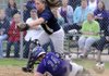 Springdale Har-Ber catcher Brittany Rodgers
forces out Fayetteville’s Katie Richardson in the fifth inning of Tuesday’s game at Southwest Junior High in Springdale.