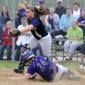  Springdale Har-Ber catcher Brittany Rodgers 
forces out Fayetteville’s Katie Richardson in the fif...