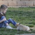 Makayla Ulrich, 6, plays with a puppy March 31 at Bentonville’s Bark Park. The park, opened in May, ...