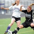  Bentonville senior Rylea Wallace, right, and Fayetteville sophomore Melanie Lee, center, battle for...