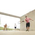  Members of the University of Arkansas racquetball team, from right, Juan Ruiz of Chihuahua, Mexico,...