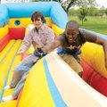 Travis Mansell, 16, left, and Colby Isbell, 14, reach the end of their bungee run before starting th...