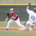 Springdale High’s Devin Bryan takes the throw as Bentonville’s Ryan Harralston steals second during ...