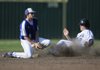 Fayetteville’s T.J. Foster, right, slides into second base as the ball pops out of the glove of Rogers High’s Alex Shelor’s during an April 13 game in Fayetteville.