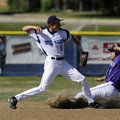  pringdale Har-Ber’s Blayne Stemple throws to first to complete a double play as Fayetteville’s Doug...