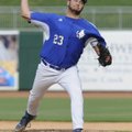Rogers High’s Tanner Kaza pitches against Rogers Heritage on Monday in Arvest Ballpark in Springdale...
