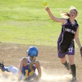 Elkins shortstop Morgan Strong, right, throws to first after forcing out Cedarville’s Morgan Connell...