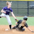 Fayetteville’s Sara Wilson can’t make the tag in time as Bentonville’s Alex Sullivan slides into sec...