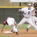  Bentonville’s Dallas Hardison catches the ball as Springdale High’s Dakota Watson steals second bas...