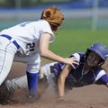Fayetteville’s Camie Bales is tagged out by North Little Rock’s Skylar Howard during a stolen base a...