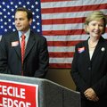 Cecile Bledsoe (right) and Doug Matayo (left) answer questions from reporters Monday afternoon durin...