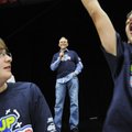  Rob Hoskins, 13, right, cheers and Cody Wheeler, left, 13, watches Thursday as Scott Bull talks abo...