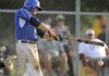 Rogers’ Travis Entwisle gets a hit for a two-run double Wednesday during the Merchants’ American Legion game against Fayetteville First Care Sox at Northwest Park in Rogers.