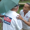 State Sen. Joyce Elliott thanks a campaign supporter outside of Little Rock Fire Station 10, Elliott...