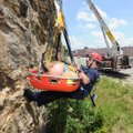 Randall Coker, driver-operator with the Fayetteville Fire Department, trains Tuesday with a Stokes b...