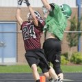 Gentry’s Dylan Ochs, left, reaches up for a pass as Van Buren’s Jimmy Barber defends during Monday’s...