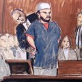 In this courtroom sketch, a U.S. Marshall removes Faisal Shahzad's handcuffs in the courtroom on Mon...