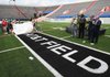 Cheerleaders from Mount St. Mary and Catholic High School uncover a logo Wednesday at War Memorial Stadium in Little Rock after an announcement naming the playing surface the AT&T Field. Announcing the sponsorship were (background left to right) Ed Drilling, AT&T Arkansas president; Terry Williams, Arkansas Veterans Commission chairman; Steve Gray, AT&T vice president and general manager; and Gary Smith, War Memorial Stadium Commission chairman.