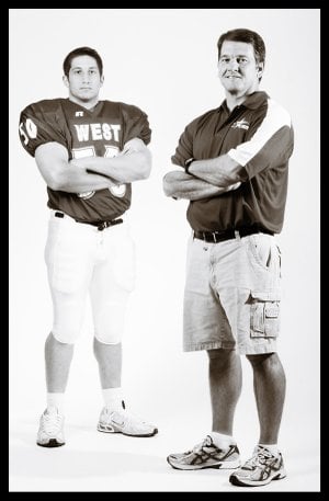 Gravette football coach Bill Harrelson, right, and player Travis Eden will pair up again tonight.
