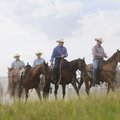 Participants in the 2010 Rodeo of the Ozarks exercise their horses around the pen at Parsons Stadium...