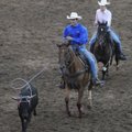 Tanner Shoop, front, and Trevor Shoop compete in the team roping competition Friday during the Rodeo...