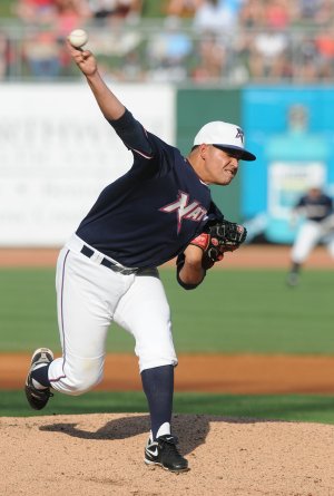  Northwest Arkansas’ Mario Santiago throws a pitch to a Corpus Christi batter during Sunday’s game in Arvest Ballpark in Springdale.

