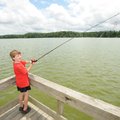 Chase Williams, 9, of Fayetteville fishes Wednesday from the dock at Lake Fayetteville while spendin...