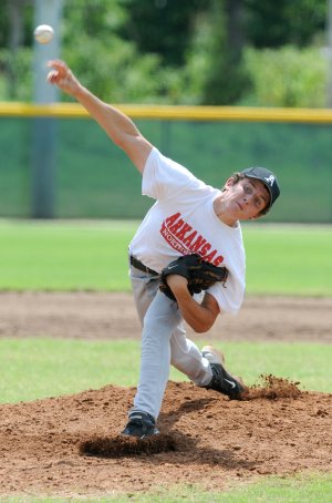 Brandon Easterling of the Northwest Arkansas All-Stars pitches Saturday during the North Arkansas Senior Babe Ruth State Tournament at Veterans Park in Rogers
